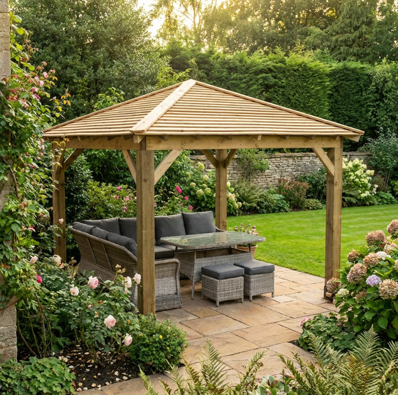 Ruby Wooden 4 Pitch Gazebo with Cedar Featheredge Roof – Classic Garden Shelter