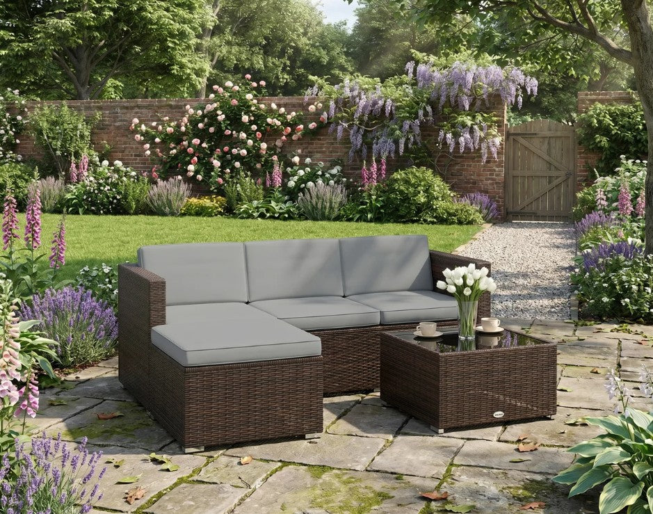Light Grey 3-Piece Rattan Corner Lounge Set with Cushions – Compact Garden Conversation Sofa Suite