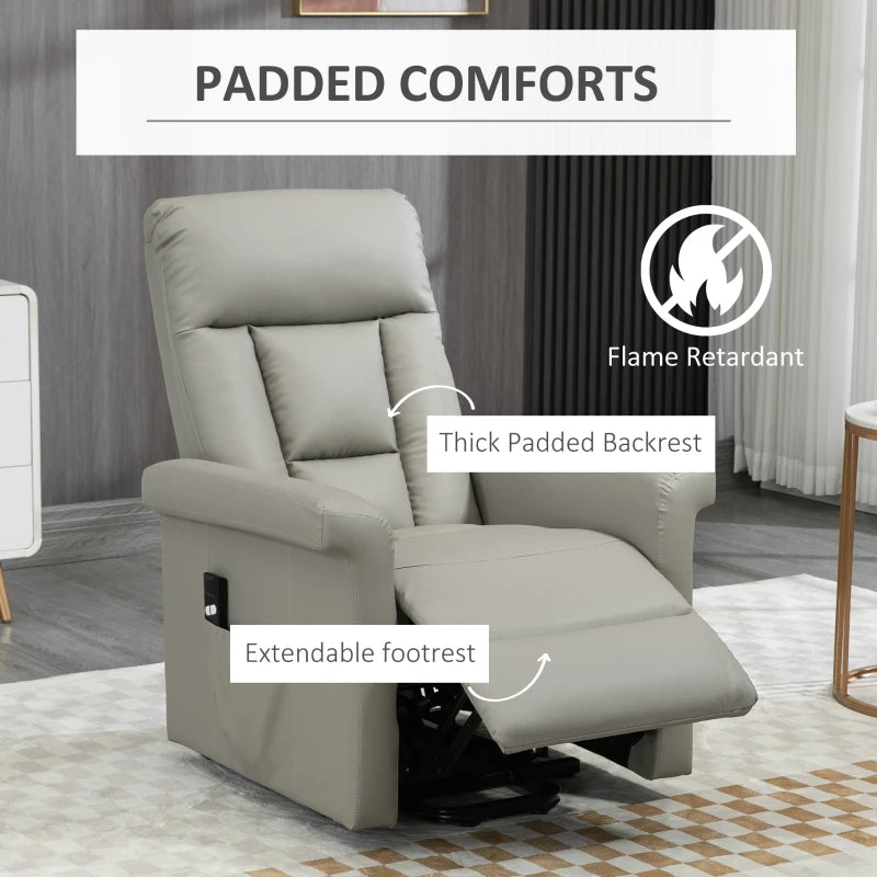 Power Lift Recliner Chair for Elderly - PU Leather Armchair with Extended Footrest, Remote Control, Side Pocket, Grey