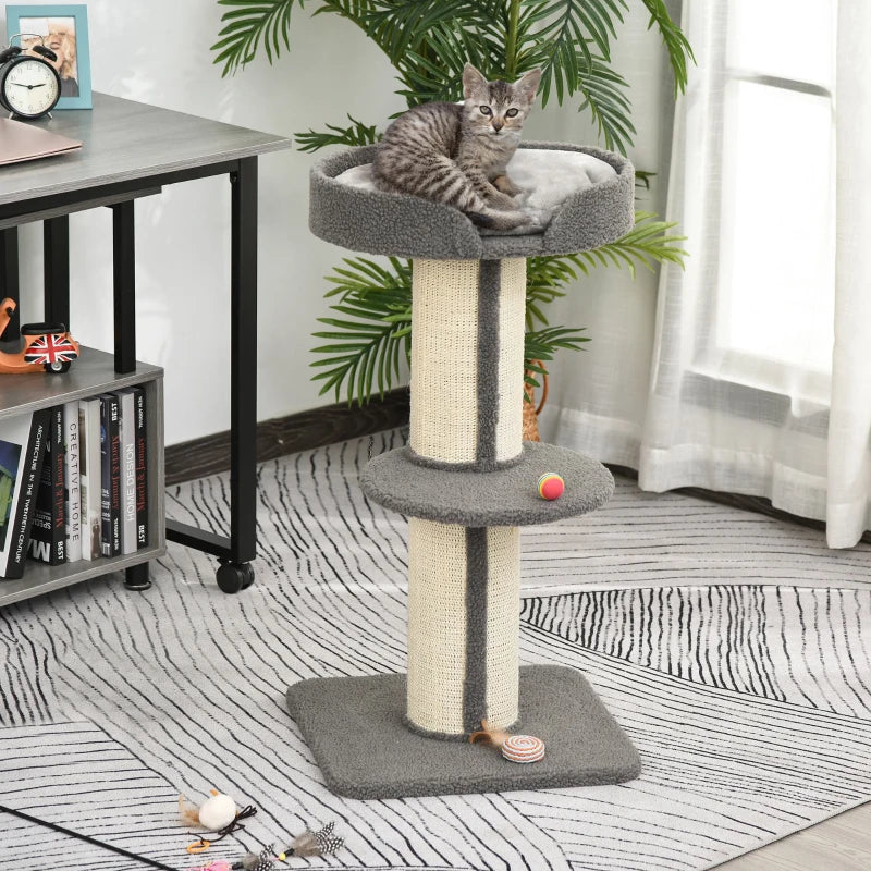 91cm Grey Cat Tree Tower with Scratching Post, Bed, Perch & Removable Cushion for Indoor Kittens
