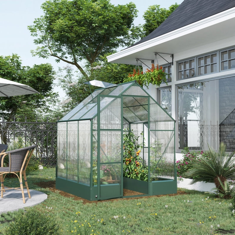 Green Polycarbonate Garden Greenhouse with Plant Bed, 6x6ft