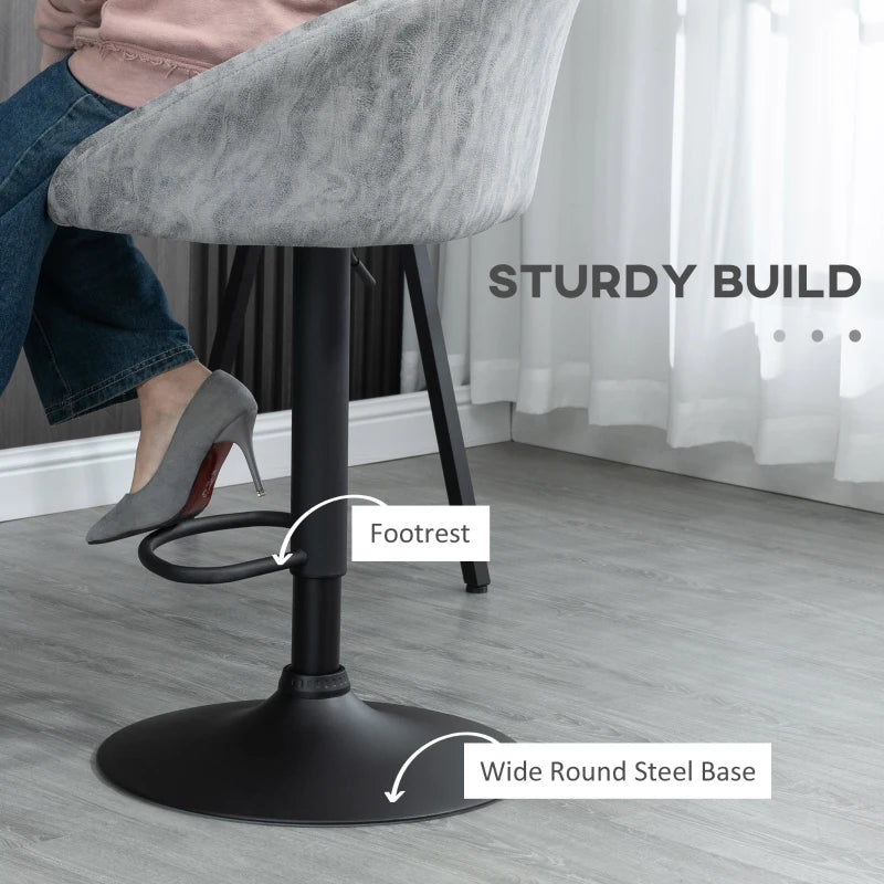 Modern Height Adjustable Bar Stools Set of 2 - Swivel PU Leather Chairs with Backrest, Armrests & Footrest - Light Grey