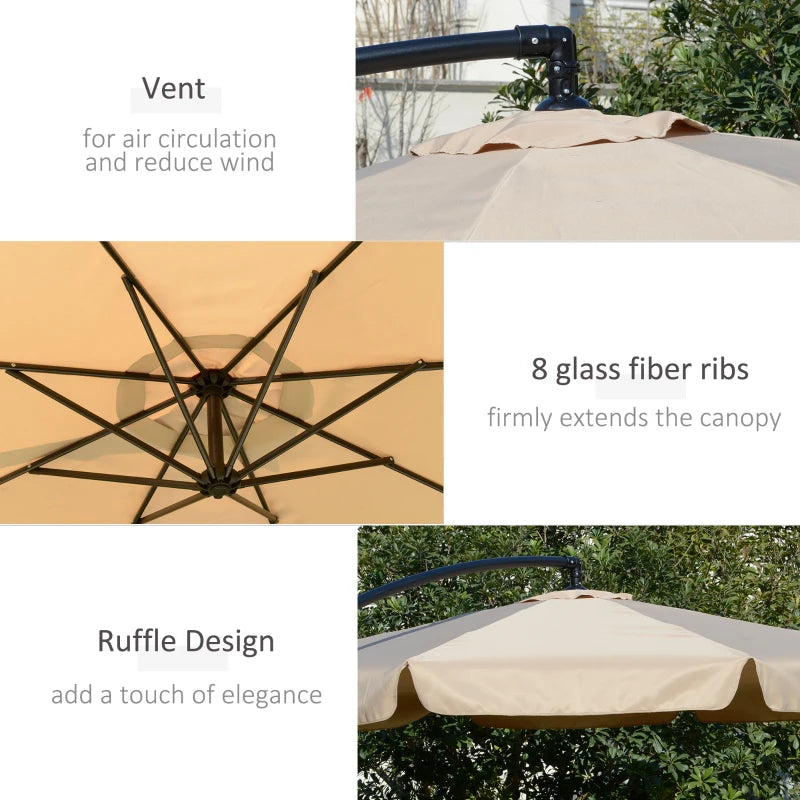 Light Brown 2.7m Cantilever Sun Umbrella with Crank Handle and Cross Base