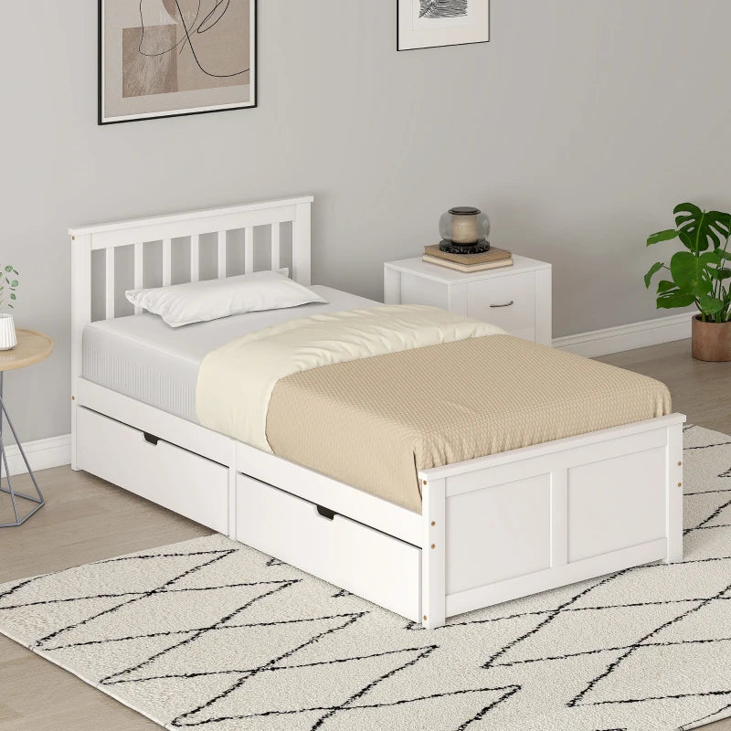 Stylish White Wooden Single Bed Frame with Storage Drawers - Perfect for Kids and Guest Rooms