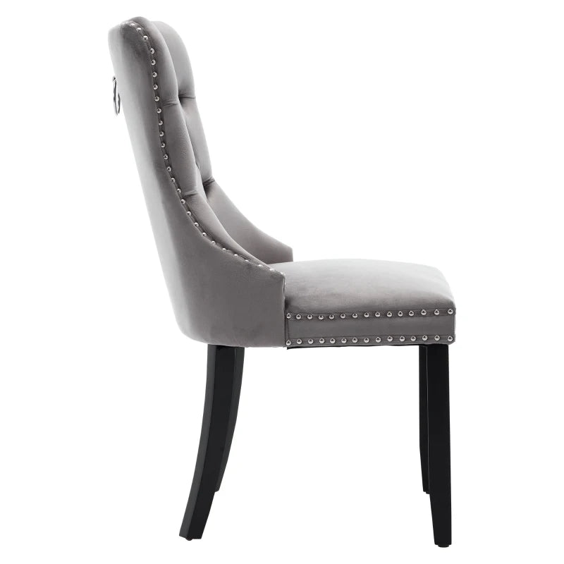 Set of 6 Grey Velvet Dining Chairs - Button Tufted Backrest, Wingback Design, Solid Wood Legs, Foot Pads - 50L x 64W x 96H cm