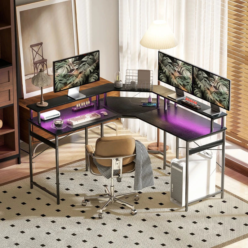 L-Shaped Black Work Desk with LED Lights - Modern Home Office Furniture for Efficient Workspace Organization