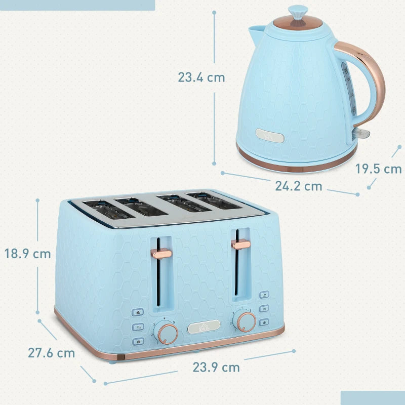 Light Blue Kettle and Toaster Set - 1.7L Fast Boil Jug Kettle & 4 Slice Toaster with 7 Browning Levels