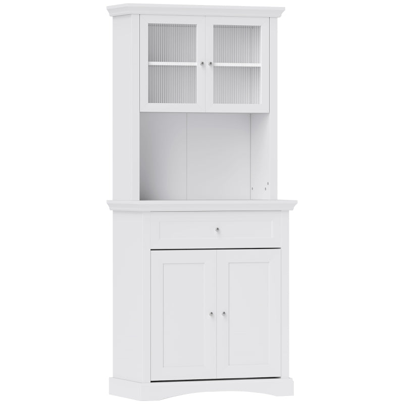 4-Door White Kitchen Cupboard with Drawer, Glass Doors, Adjustable Shelves & Open Counter - Freestanding Storage Cabinet