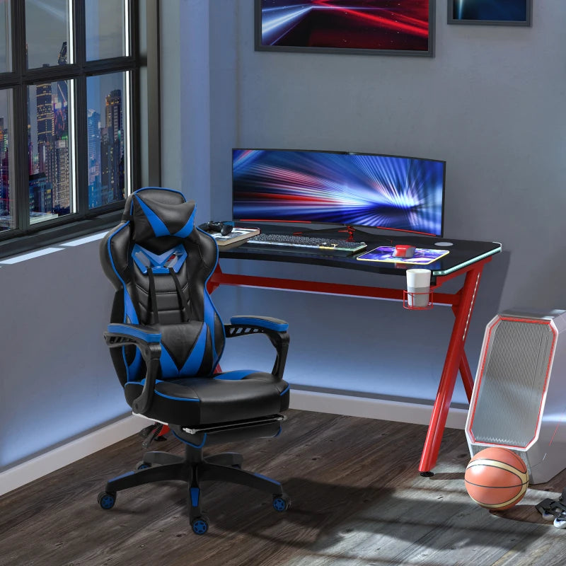 Vinsetto Blue/Black Faux Leather Reclining Gaming Chair with Footrest - Ergonomic Comfort for Gamers