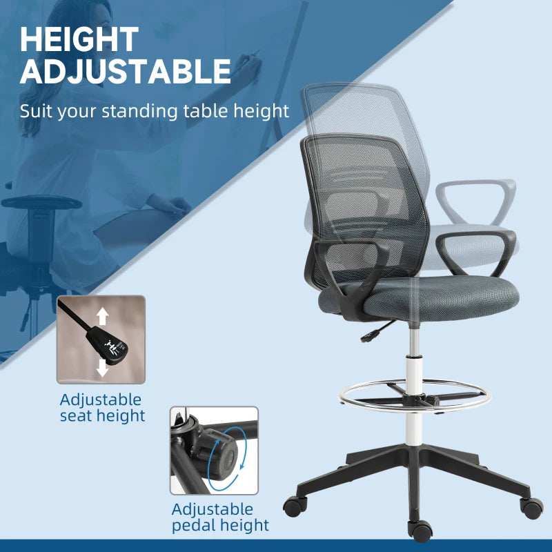 Vinsetto Draughtsman Office Chair with Footrest - Adjustable Height 102.5-126cm, Ergonomic Grey Design for Comfort and Support