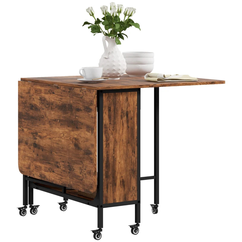 Rustic Brown and Black Six-Person Drop Leaf Dining Table - Space-Saving Design for Modern Homes