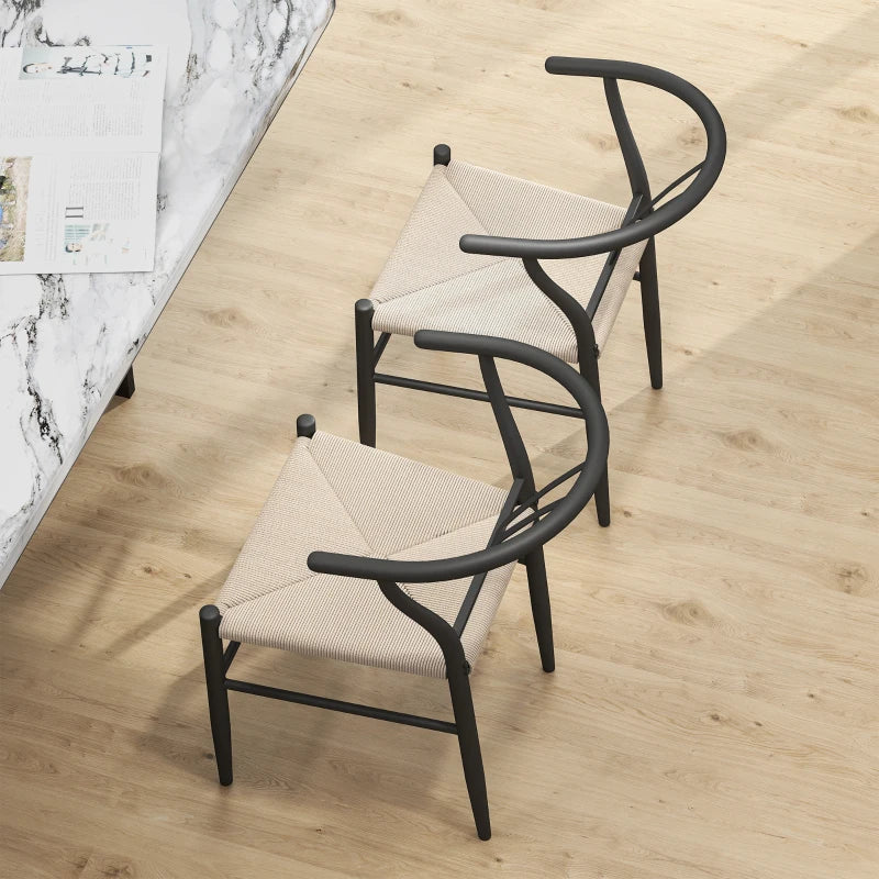 Set of 2 Modern Weave Dining Chairs with Y-Shaped Backrest and Hemp Seat - Black and Beige