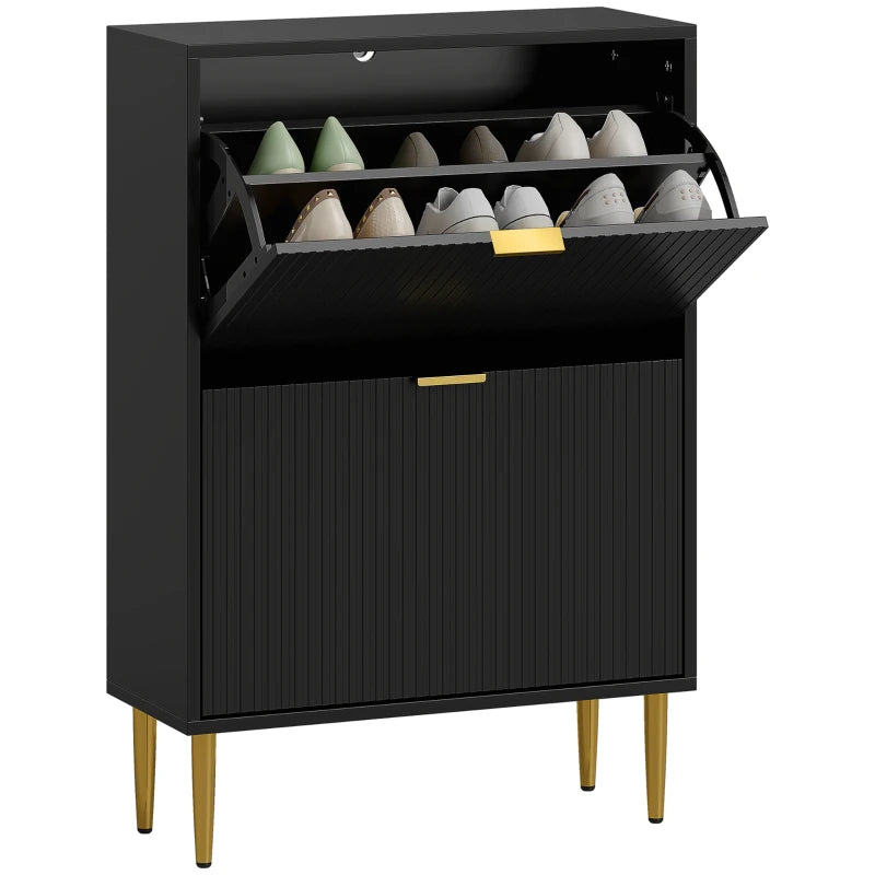 Narrow Black Shoe Cabinet with 2 Flip Drawers for Space Saving Storage