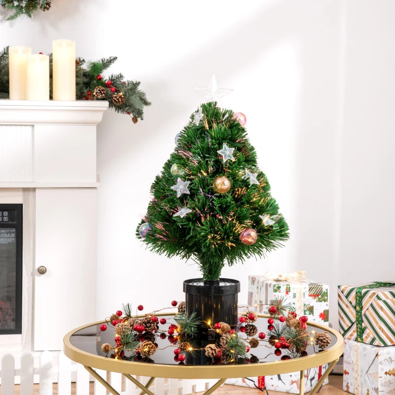 2FT Pre-lit Artificial Christmas Tree - Multicoloured Fibre Optic Xmas Decoration with LED Lights for Table Desk - Green