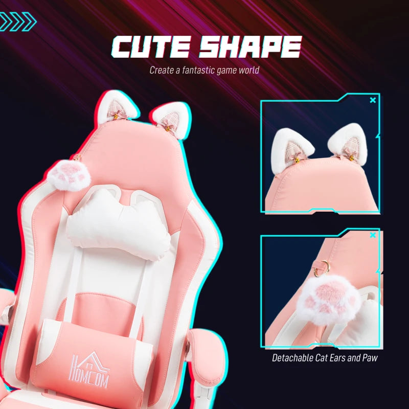 Cat Ear & Paw Reclining Office Chair with Footrest - Stylish Pink/White Design for Comfort & Fun
