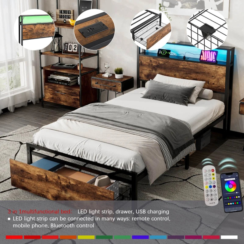 Unique Black Metal Bed with LED Light Strip, USB Ports & Drawer - Modern Bedroom Furniture, 207.5x90.5x105 cm, Dark Walnut Accent