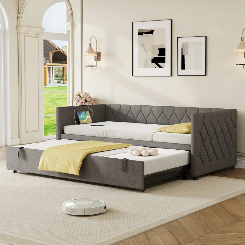 Upholstered Daybed with USB & Type-C Ports, Button-Tufted Trundle Bed for Bedroom & Study, Grey, 206L x 193W x 71H cm