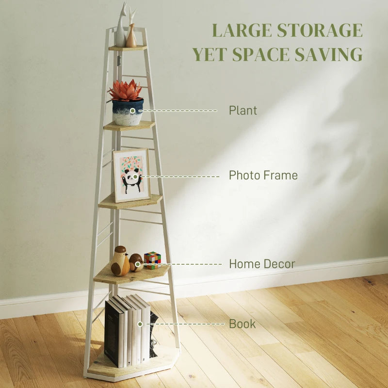 Stylish Five-Tier Corner Shelf - White and Wood-Effect Storage Solution for Home Decor and Organization