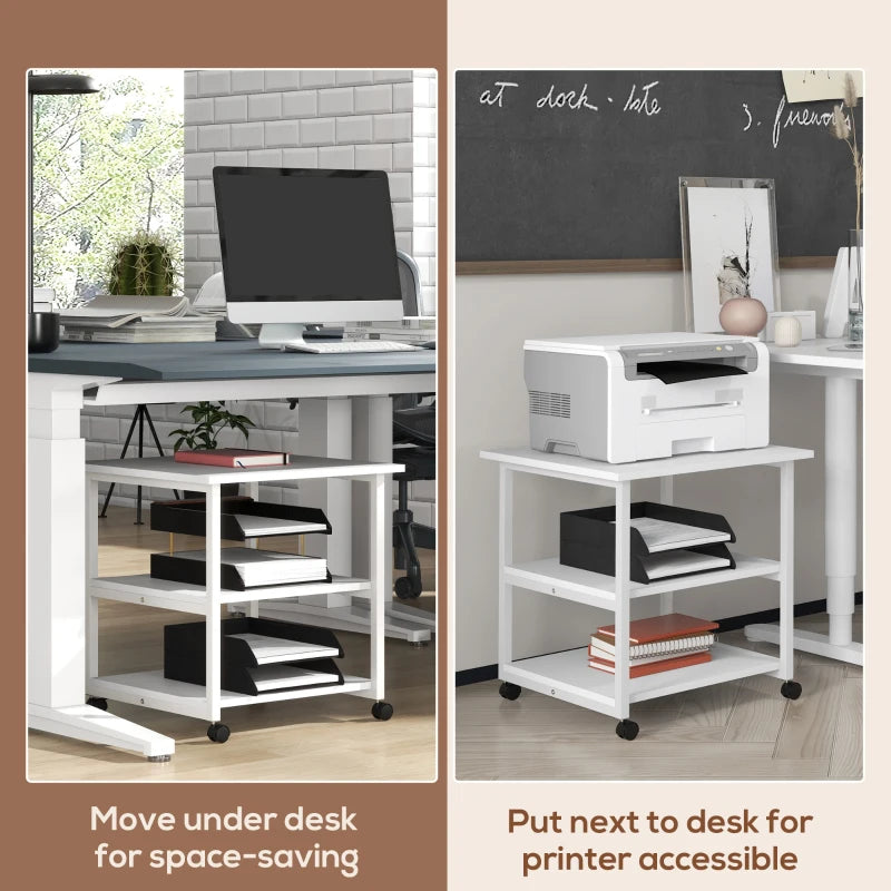 Three-Tier White Steel Printer Stand on Wheels - Mobile Storage Solution for Home Office & Workspace Organization