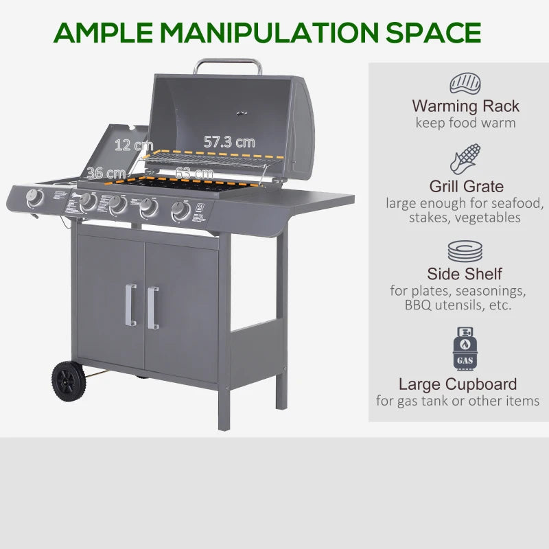 4+1 Burner Gas BBQ Grill - Grey Outdoor Barbecue Trolley with Wheels, Warming Rack, Side Shelves, Cabinet, Thermometer - 125cm x 51cm x 100cm for Garden, Party, Camping