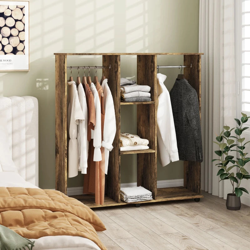 Rustic Brown Double Mobile Open Wardrobe with 6 Wheels and Storage Shelves Organizer