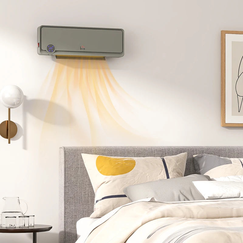Electric Wall Downflow Heater 2000W with Timer and Remote Control Oscillating Fan for Bedroom and Home Office Grey
