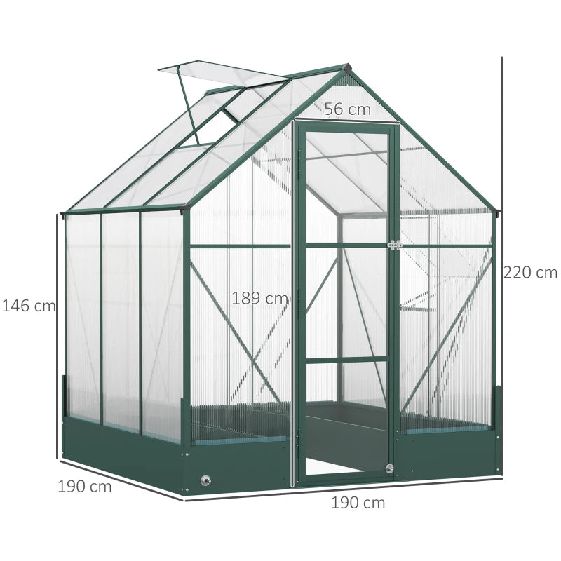 Green Polycarbonate Garden Greenhouse with Plant Bed, 6x6ft