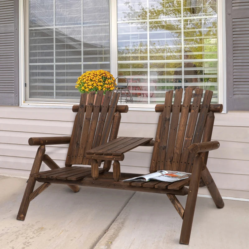 Carbonized Wood Garden Bench with 2 Seats and Coffee Table