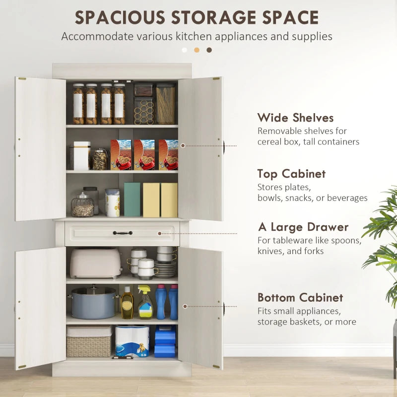 Stylish 180cm White Wood Grain Kitchen Cupboard - 4 Door Freestanding Storage Cabinet with Wide Drawer & Shelves for Living Room