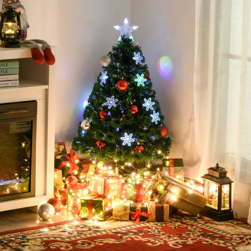 3FT Green Fibre Optic Christmas Tree with Colorful LED Lights & Snowflake Ornaments - Fireproof Artificial Xmas Decor