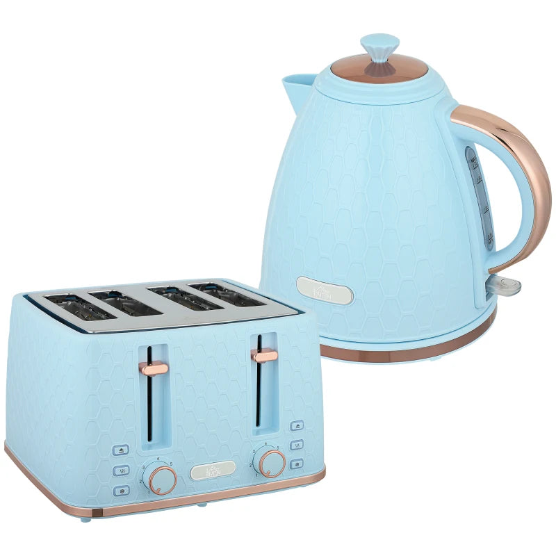 Light Blue Kettle and Toaster Set - 1.7L Fast Boil Jug Kettle & 4 Slice Toaster with 7 Browning Levels
