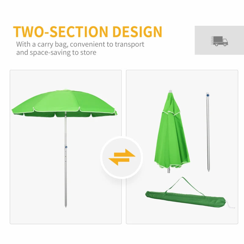 Green 2m Portable Beach Umbrella with Tilt and Adjustable Height