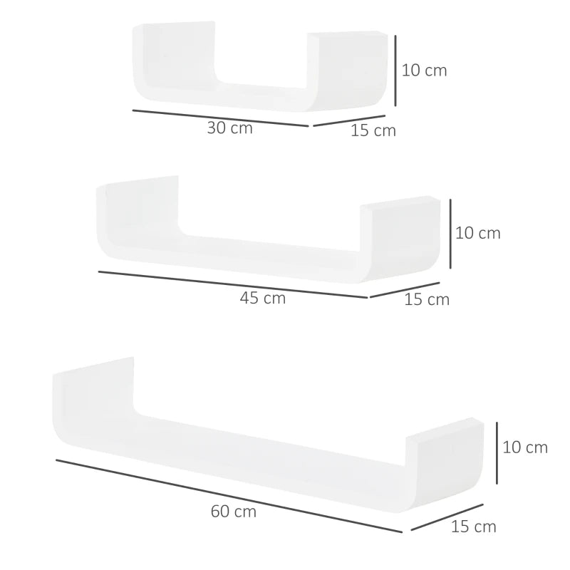 Set of 3 Floating Wall Shelves - Invisible Mounting for Bedroom & Living Room - Modern White Design