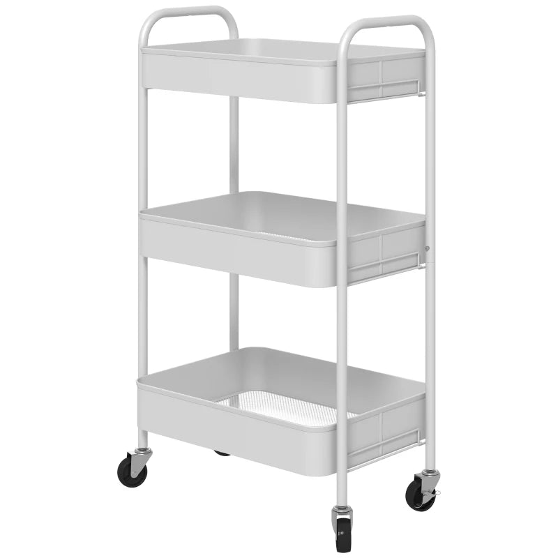 Three-Tier White Steel Storage Trolley - Versatile Rolling Cart for Kitchen, Office, and Home Organization