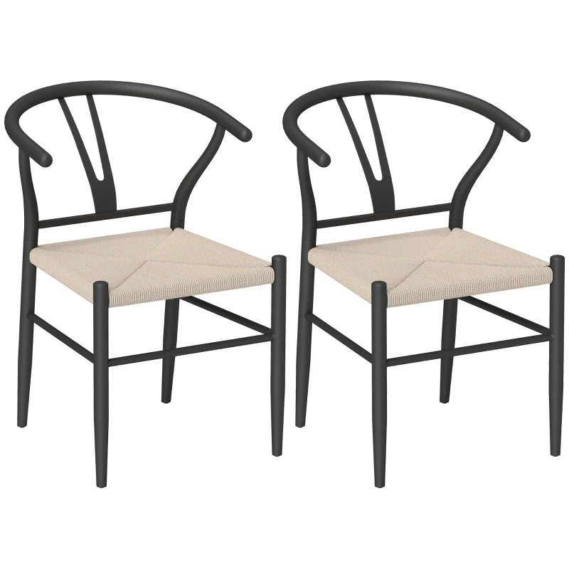 Set of 2 Modern Weave Dining Chairs with Y-Shaped Backrest and Hemp Seat - Black and Beige