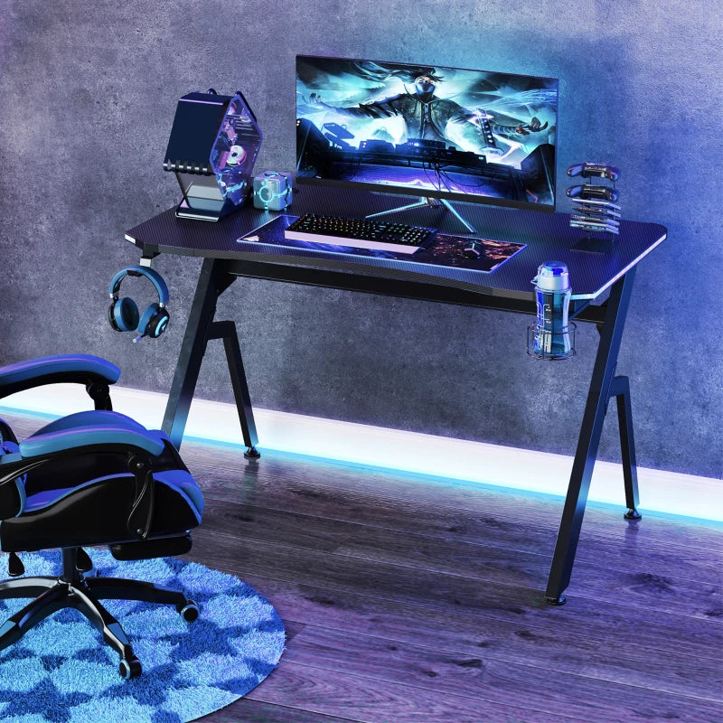 RGB Gaming Desk 120x66cm - Carbon Fibre Surface, Headphone Hook, Cup Holder & Controller Rack - Black Home Office Table