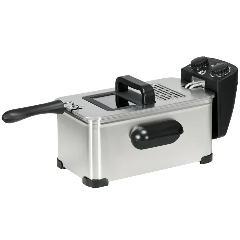 3L Stainless Steel Deep Fat Fryer - 2000W, Adjustable Temperature, 60min Timer, Viewing Window & Safety Cut Out