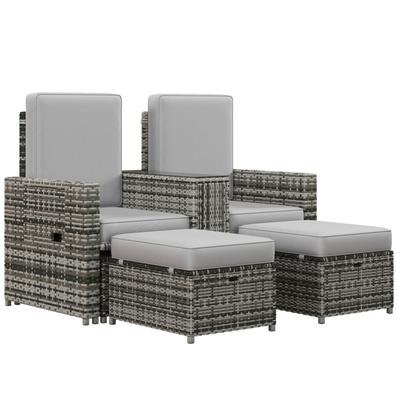 Grey Rattan Sun Lounger Set with Storage Table & Footstools