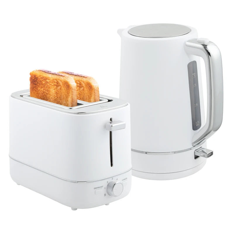 Premium 1.7L Fast Boil Kettle & 2-Slice Toaster Set - 3000W, 6 Browning Levels, Defrost & Reheat, Stylish White Kitchen Essentials