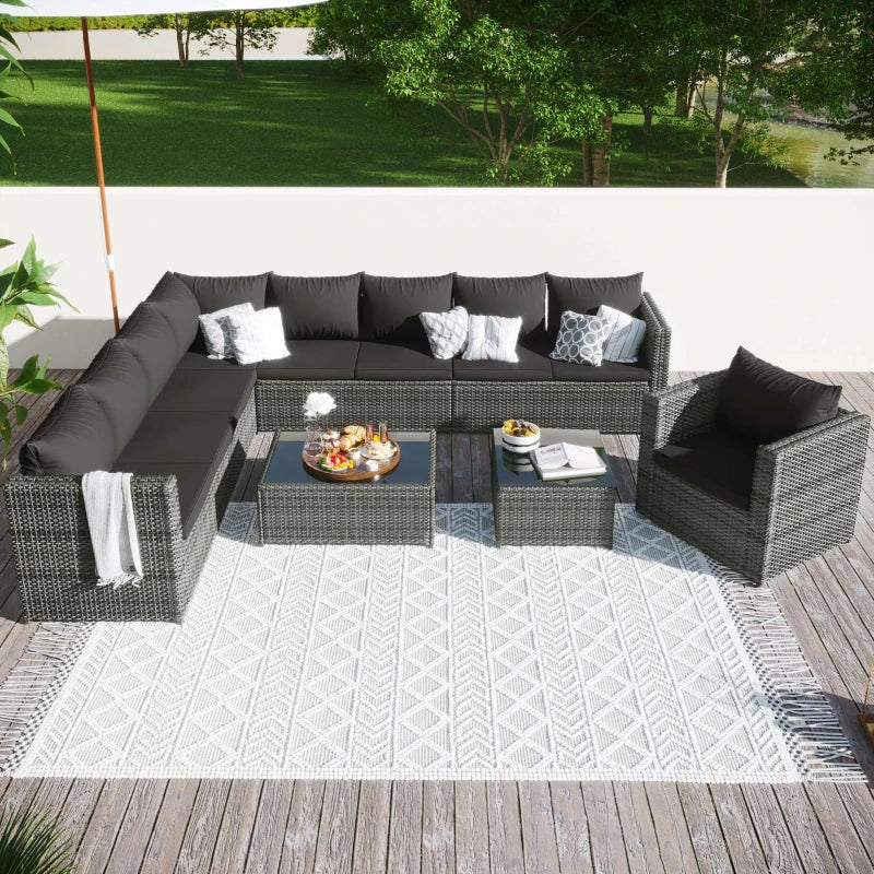 Grey 9-Seater Rattan Garden Corner Sofa Set with Coffee Table and Cushions