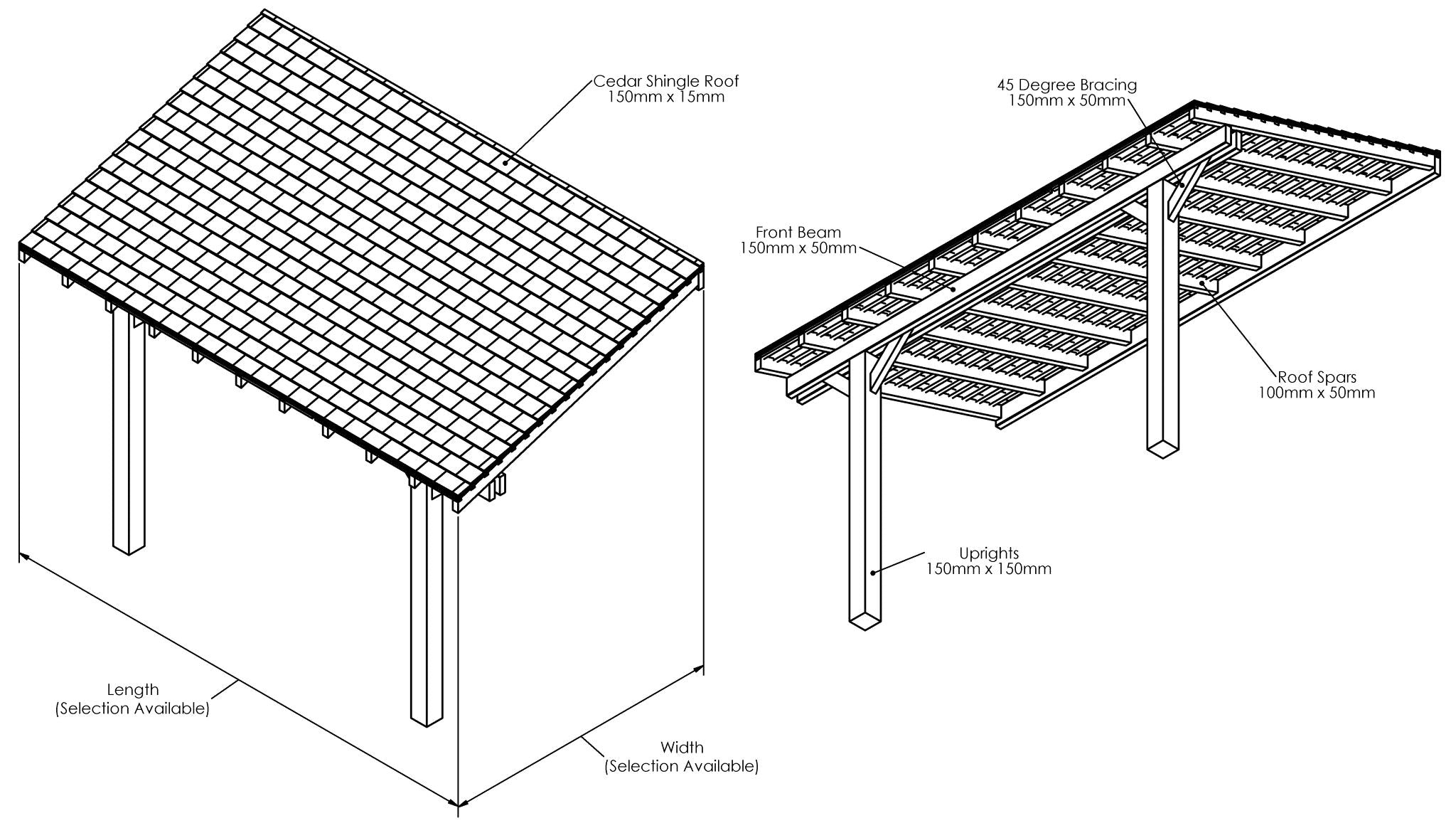 Planed Larch Lean-To Gazebo with Cedar Shingle Roof