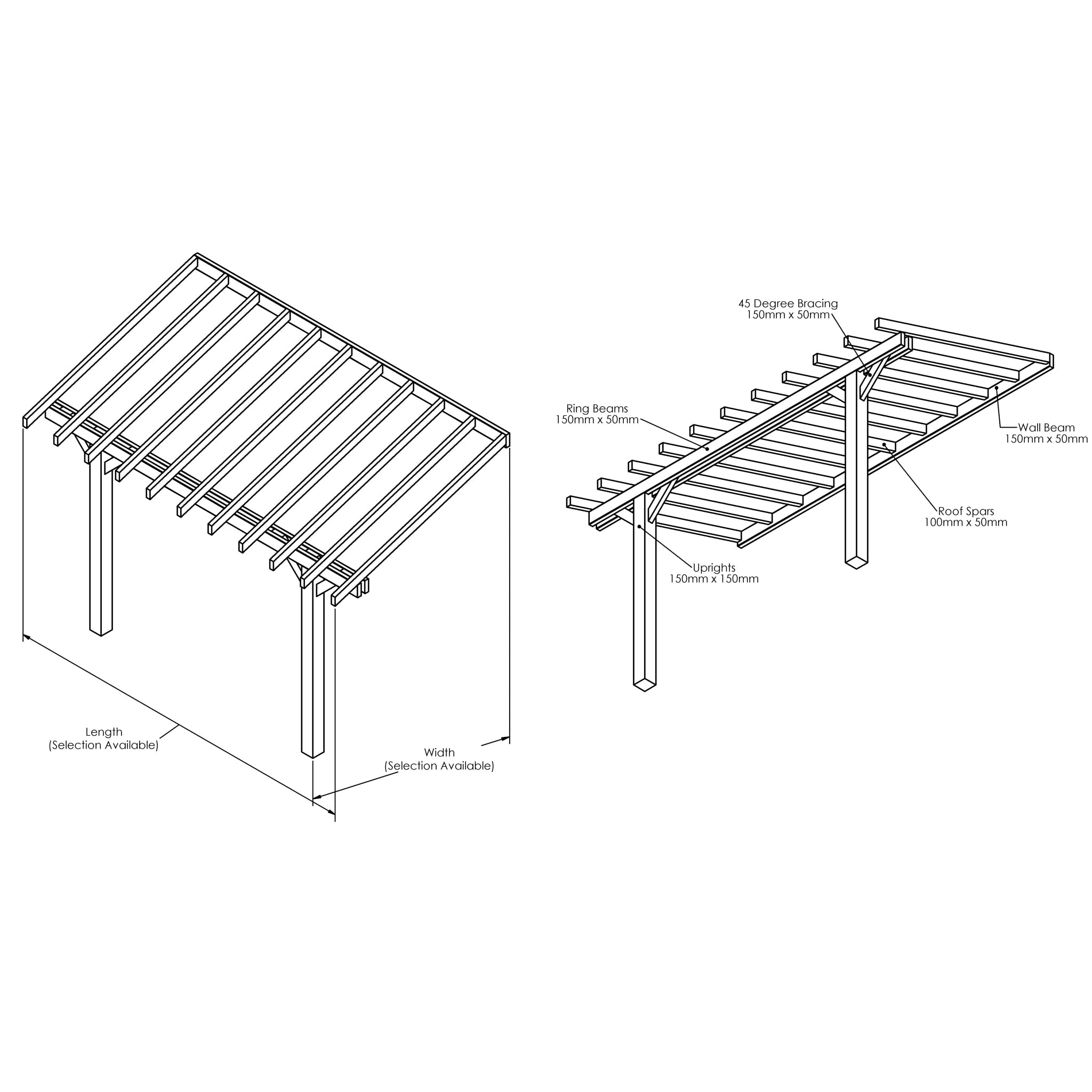 Planed Larch Lean-To Pergola with Open Roof – Space-Saving Garden Structure