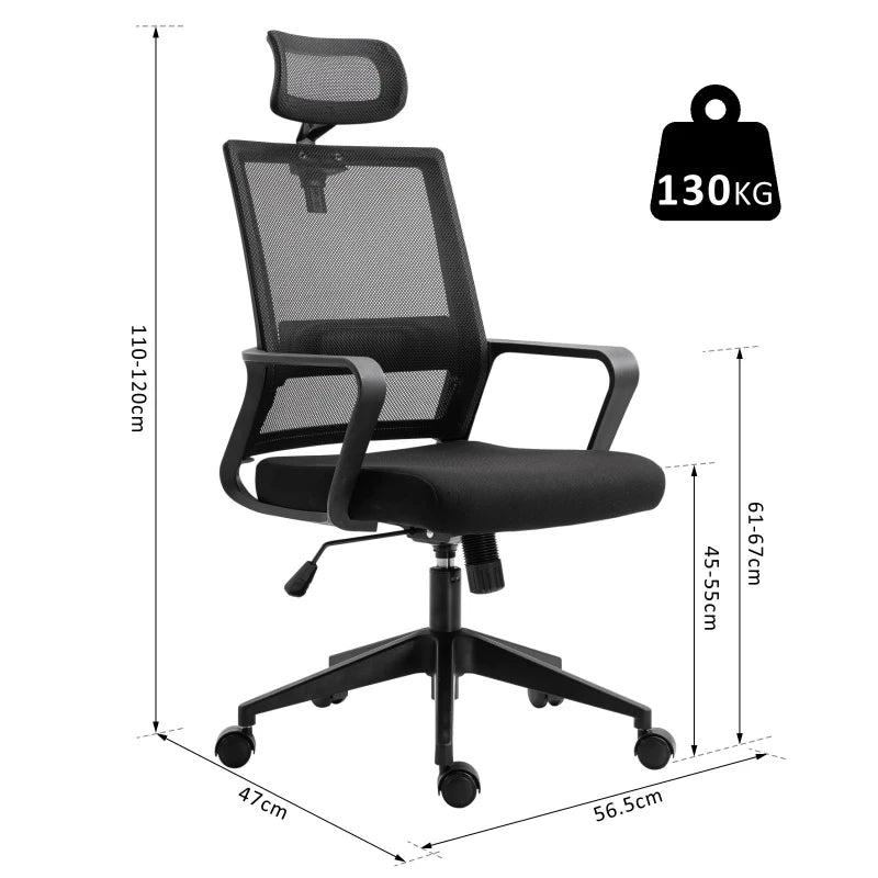Ergonomic Mesh Swivel Office Chair with Adjustable Headrest & Lumbar Support - High Back Task Chair, Black, Adjustable Height