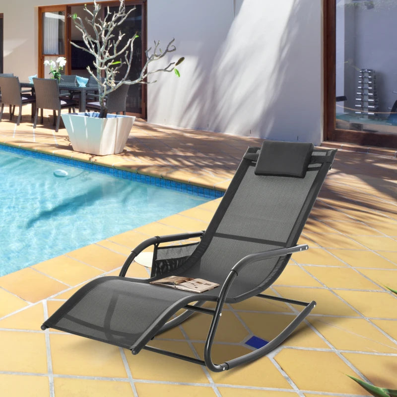 Black Outdoor Rocking Chair with Mesh Fabric, Headrest, Armrest, Storage Bag