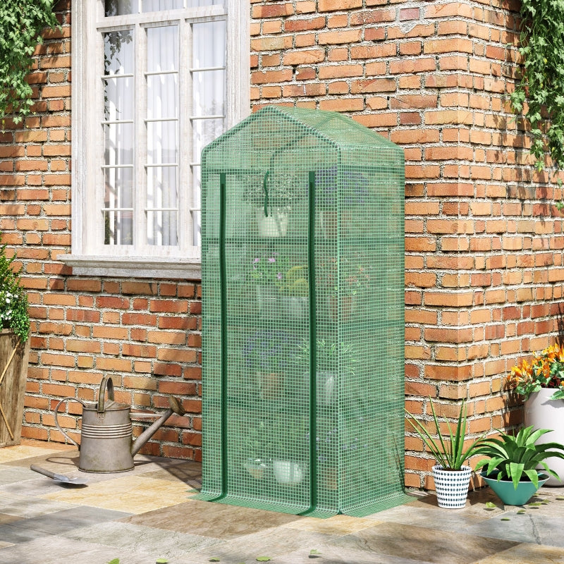Compact Greenhouse with Steel Frame, 4 Tier, Roll-up Door, 70x50x160 cm, Green