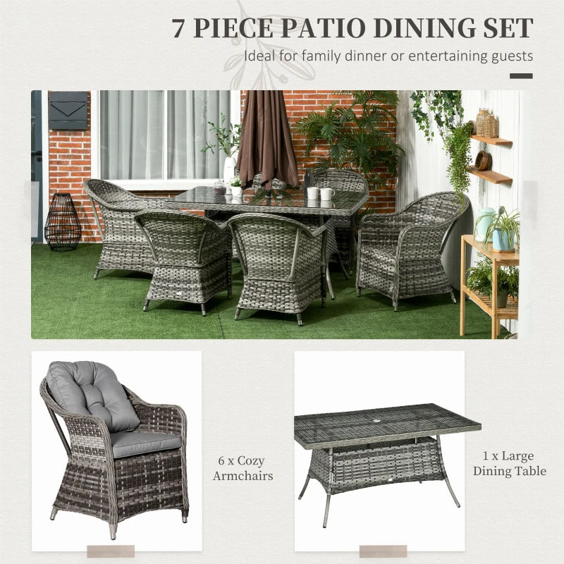 7-Piece Grey Rattan Outdoor Dining Set with Glass Table & Umbrella Hole