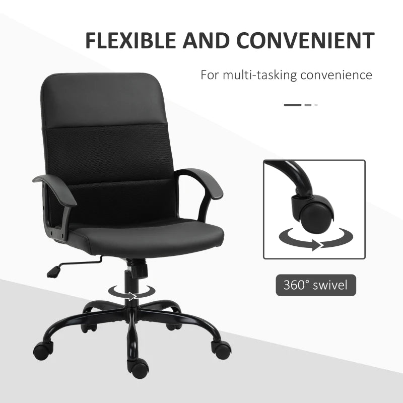 Vinsetto Black Mesh Office Chair - Faux Leather Desk Chair with Swivel Wheels, Adjustable Height & Tilt Function