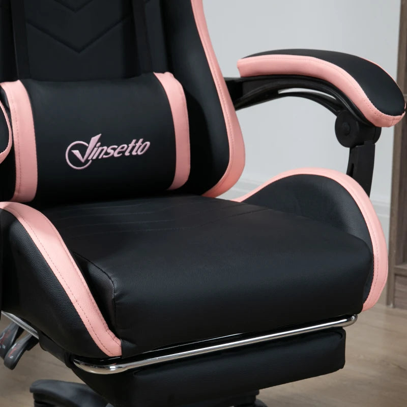 Vinsetto Gaming Chair with Footrest - PU Leather Office Desk Chair, 135° Recline, Lumbar Support, Headrest, Black & Pink