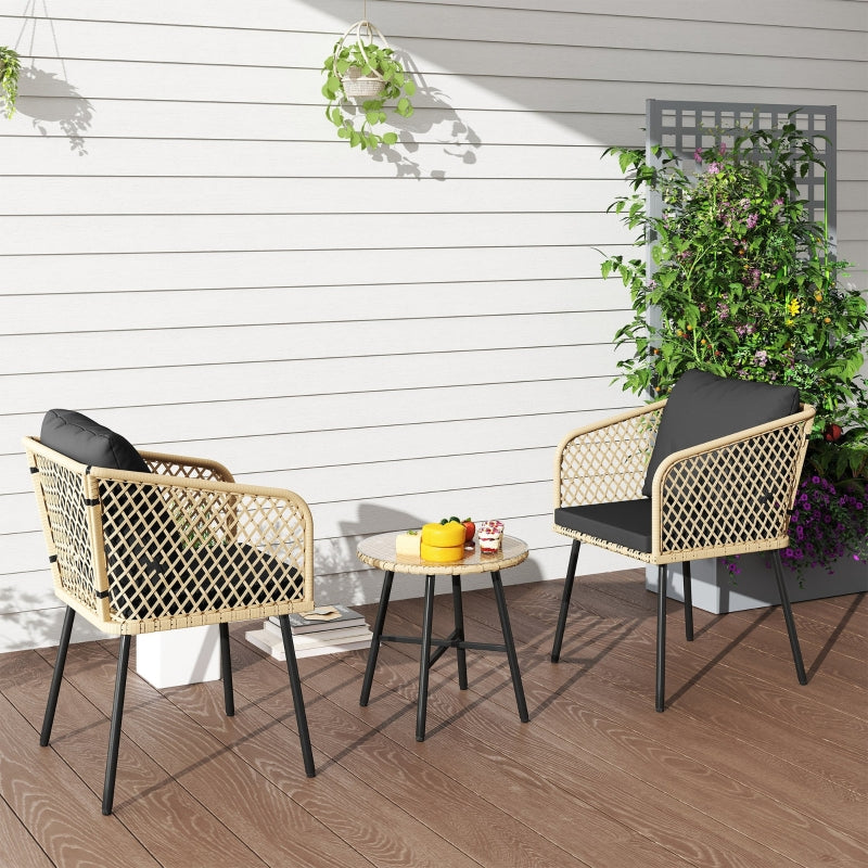 3 Piece Rattan Bistro Set with 2 Chairs, Glass Table, Cushions, Adjustable Feet, Wood Finish
