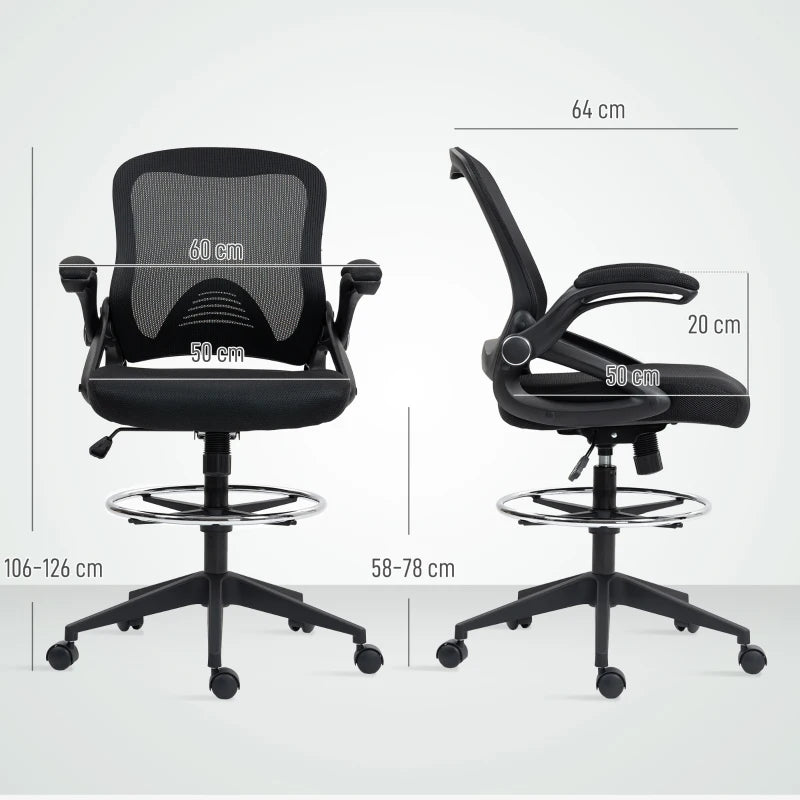 Vinsetto Adjustable Drafting Chair with Flip-Up Armrests, Mesh Office Stool, 360° Swivel, Foot Ring for Standing Desks - Black
